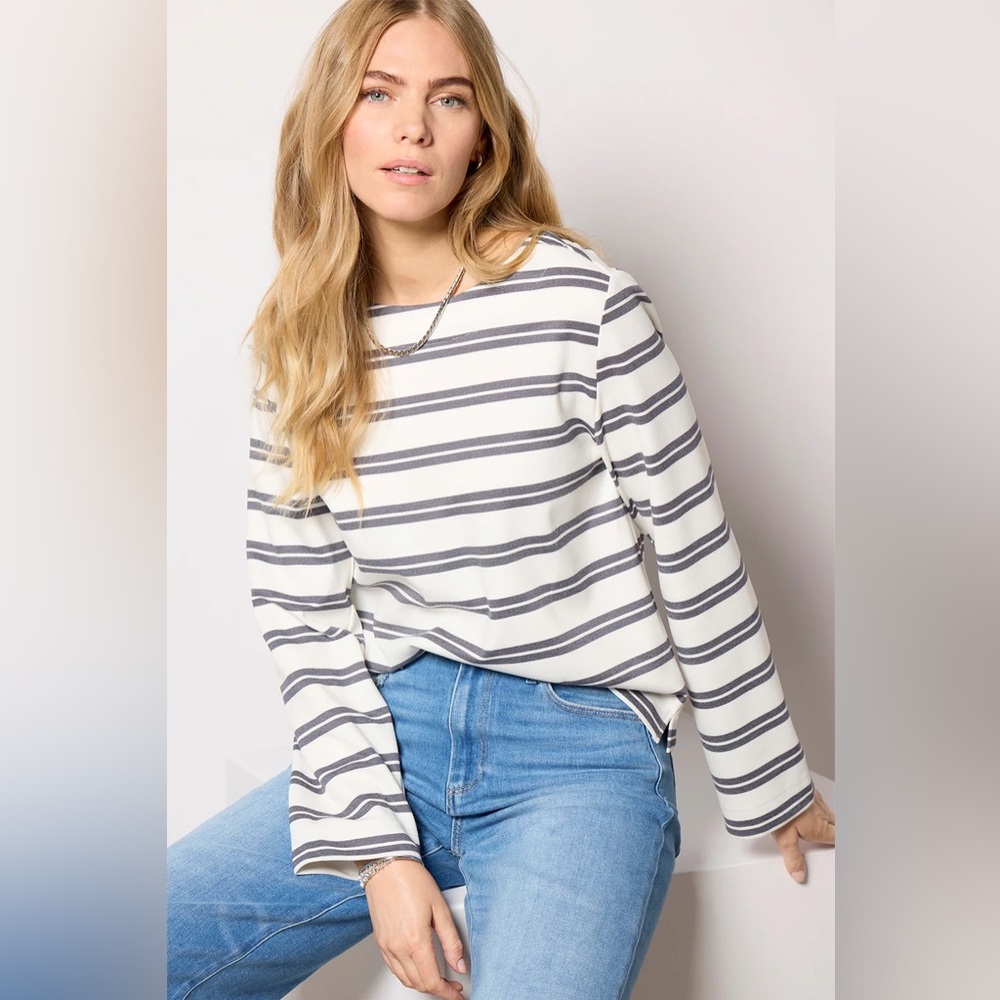 NWT Evereve Ariel Mariner Stripe Long Sleeve Top, White/Charcoal, Small
